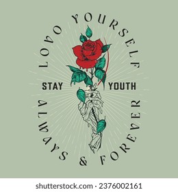 Skeleton's hand holding a red rose. Vector illustration for t-shirts and other uses. Rose Skeleton's, Wild at Heart vector print design for t-shirt print, poster, sticker, background, and other uses.