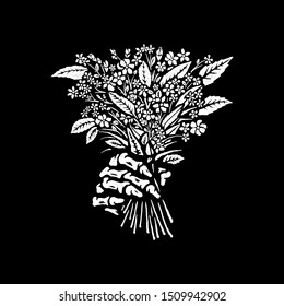 
The skeleton's hand holds a bouquet of flowers. T-shirt design. Vector.