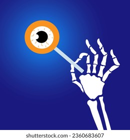A skeleton's hand holds a candy on a stick. Lollipop in the shape of an orange eye on a blue background. Halloween concept