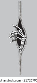 Skeleton's hand peeks out from zipper hole. Vector illustration.