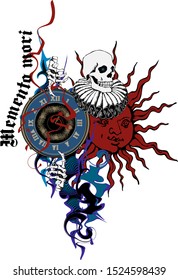 The skeleton's hand points to the clock  talking about the fleetingness life  Latin motto 