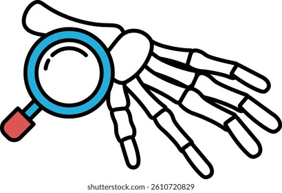 A skeleton's hand is shown with a magnifying glass on top of it. Concept of curiosity and exploration, as if the viewer is looking closely at the skeleton's hand