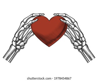 The skeleton's hands are holding a red heart. Vector illustration. 