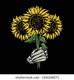 Skeletons hands holding sunflower illustration  Sunflower bouquet design for poster tshirt