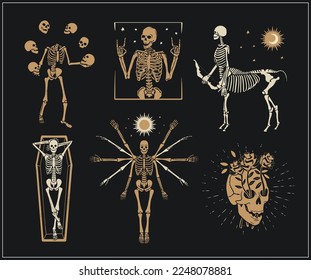 Skeletons` Logos Collection For T-shirt and Denim. Vector Illustration.