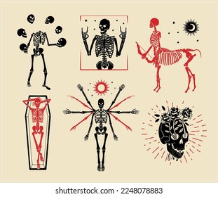 Skeletons` Logos Collection For T-shirt and Denim. Vector Illustration.