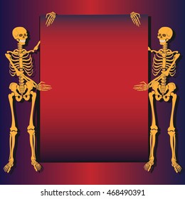 The skeletons of a man holding a sheet of paper, Bulletin Board.Halloween pointing at a sign or scroll. For advertising, banners, Wallpapers site. Vector illustration.