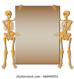The skeletons of a man holding a sheet of paper, Bulletin Board.Halloween pointing at a sign or scroll. For advertising, banners, Wallpapers site. Vector illustration.