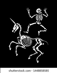 Skeletons of a man and a unicorn are dancing at a party. Human skeletons in various poses. Set for halloween. Great for greeting cards, invitations, for printing on T-shirts and more.