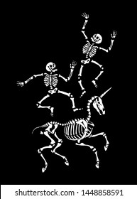 Skeletons of a man and a unicorn are dancing at a party. The human skeletons on a unicorn. Set for halloween. For tattoo, print on t-shirt and more. Happy Halloween!