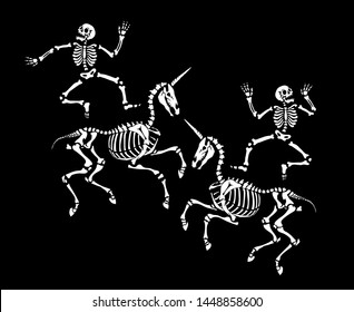 Skeletons of a man and a unicorn are dancing at a party. Human skeletons in various poses. Set for halloween. For tattoo, print on t-shirt and more. Happy Halloween!