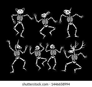 Skeletons at a masquerade party. Set of illustrations for halloween.