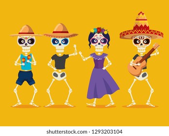 skeletons men and catrina to day of the dead celebration