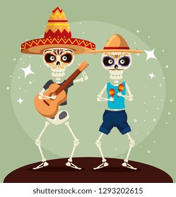 skeletons men with guitar and maracas to event celebration