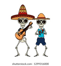 skeletons mexican with hat and maracas characters