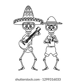 skeletons mexican with hat and maracas characters