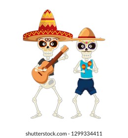 skeletons mexican with hat and maracas characters