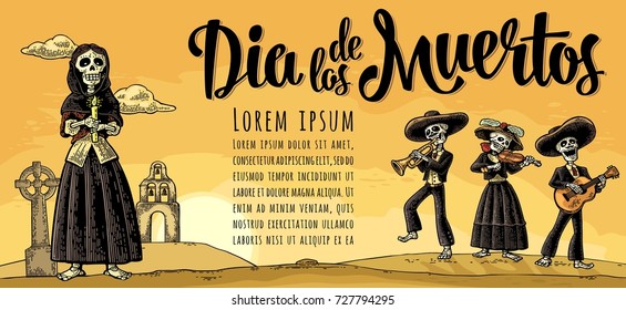 Skeletons in Mexican national costumes holding burning candle   play the guitar  violin  trumpet  Vector vintage engraving  Panorama desert  grave  church  sunset  Dia de los Muertos lettering