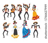 Skeletons in Mexican National Costumes and Sombrero Hats Playing Music Instruments and Dancing, Day of the Dead Dia de los Muertos Concept Vector Illustration