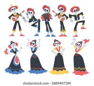 Esqueletos en los instrumentos de baile y de reproducción de disfraces tradicionales mexicanos, Dia de Muertos, Día de los muertos, Ilustración vectorial con estilo de caricatura