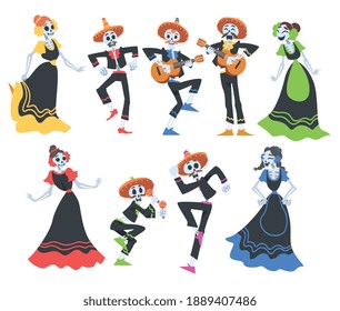 Skeletons in Mexican Traditional Costumes Dancing and Playing Music Instruments Set, Day of the Dead Cartoon Style Vector Illustration