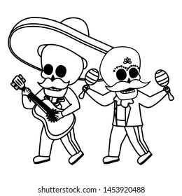 skeletons musician with guitar maracas viva mexico vector illustration