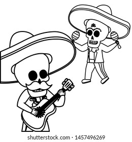 skeletons musician with guitar maracas viva mexico vector illustration