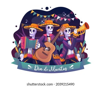 Skeletons musicians playing music on Day Of Dead Traditional Mexican Halloween Dia De Los Muertos Holiday. Flat vector illustration