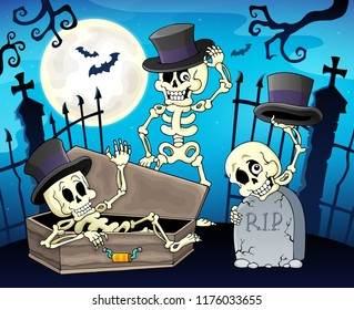 Skeletons near cemetery gate - eps10 vector illustration.