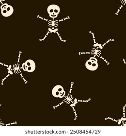 Skeletons on dark background. Halloween seamless pattern.  Vector cartoon flat illustration