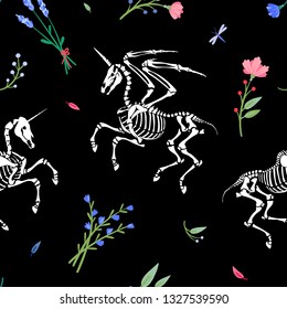 Skeletons of pegasi and unicorns among beautiful wildflowers. Summer meadow. Night bloom. Hand drawn illustration for Halloween.