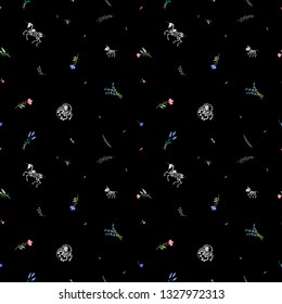 Skeletons of pegasus and unicorns among beautiful wildflowers. Night bloom. For Halloween and more. Isolated on black background.