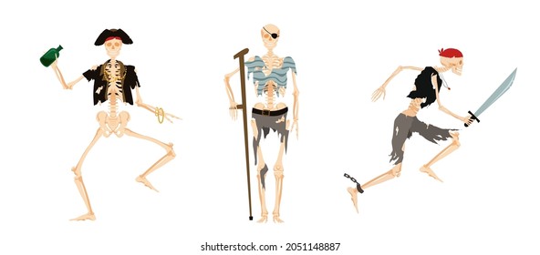 Skeletons pirates. Dead in decayed sea clothes dance with bottles of rum and run with saber to attack dead corsair with crutch for vector walking.