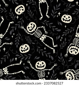 Skeletons with pumpkin head waving on black background. Seamless pattern for Halloween or Day of Dead. Vector illustration