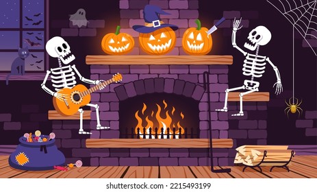 Skeletons and pumpkins in Halloween room with fireplace.