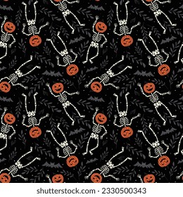 Skeletons with pumpkins on their heads dancing on black background. Seamless pattern for Halloween