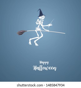 Skeletons riding a broom on  the blue background.Vector and illustration style paper craft 