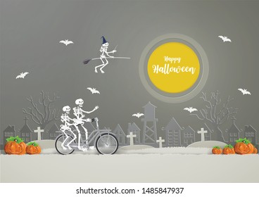 Skeletons riding a broom on  the sky and Skeletons riding bicycle on gray grass go to party .HAPPY HALLOWEEN concept.Vector and illustration style paper craft 