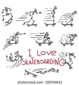 Skeletons riding on skateboards. Hand drawing doodles