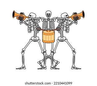 Skeletons rock band. Skeleton and guitar. Dead man and drum. Skeleton and trumpet