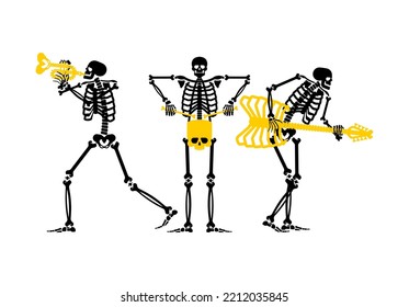 Skeletons rock band. Skeleton and guitar. Dead man and drum. Skeleton and trumpet