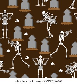 Skeletons rock concert at graveyard pattern seamless. Skeleton rock band.  Dead man and guitar. Skeleton and drum.  