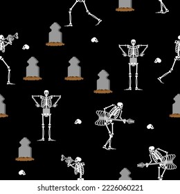 Skeletons rock concert at graveyard pattern seamless. Skeleton rock band.  Dead man and guitar. Skeleton and drum.  