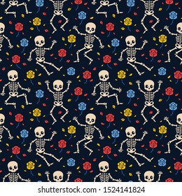 Skeletons and roses seamless pattern.