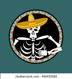 skeletons and sombrero. Day of the Dead. Multi-colored skull in Mexican hat. Emblem for National Holiday in Mexico. Illustration Ethnic feast

