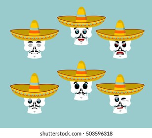 Skeletons and sombrero set for Day of the Dead. Multi-colored skull in Mexican hat. Emblem for National Holiday in Mexico. Illustration Ethnic feast

