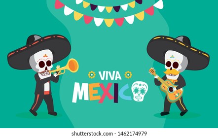 skeletons with trumpet and guitar celebration viva mexico vector illustration