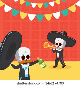 skeletons with trumpet and tequila celebration viva mexico vector illustration