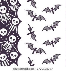 Esqueletos y brujas sin patrón de azulejos con Elementos espeluznantes y tonos oscuros para el concepto de decoración macabra de Halloween como esqueletos espeluznantes y brujas dispuestos sin problemas con tonos oscuros para la decoración macabra de Halloween en Foto de archivo Concepto y espacio vacío en el lado izquierdo, sin texto --ar 7:2 --tile