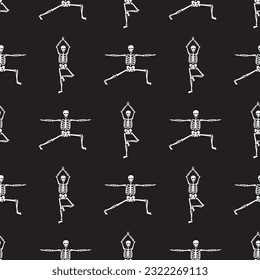 Skeletons in yoga pose, seamless pattern. Funny human skeletons in hatha yoga positions, texture banner template. Monochromatic design on black background. Hand drawn vector Illustration